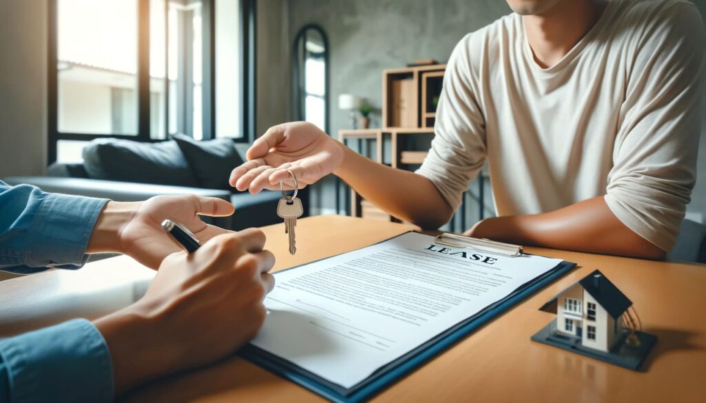 A landlord and tenant signing a lease agreement